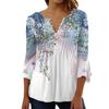 Spring Summer Women's Flower Print V-Neck Short Sleeve Pleated Button T-shirt