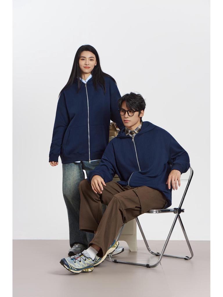 Unisex Cotton Terry Embroidered Fish Zipper Cardigan with Pockets - Loose Fit for Autumn/Winter Sports.