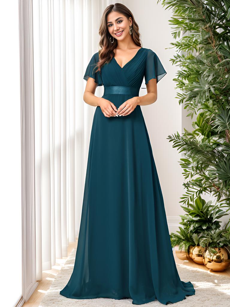 Ever-Pretty Women's Double V-Neck Empire Waist Floor Length Chiffon Evening Dresses with Short Flutter Sleeves