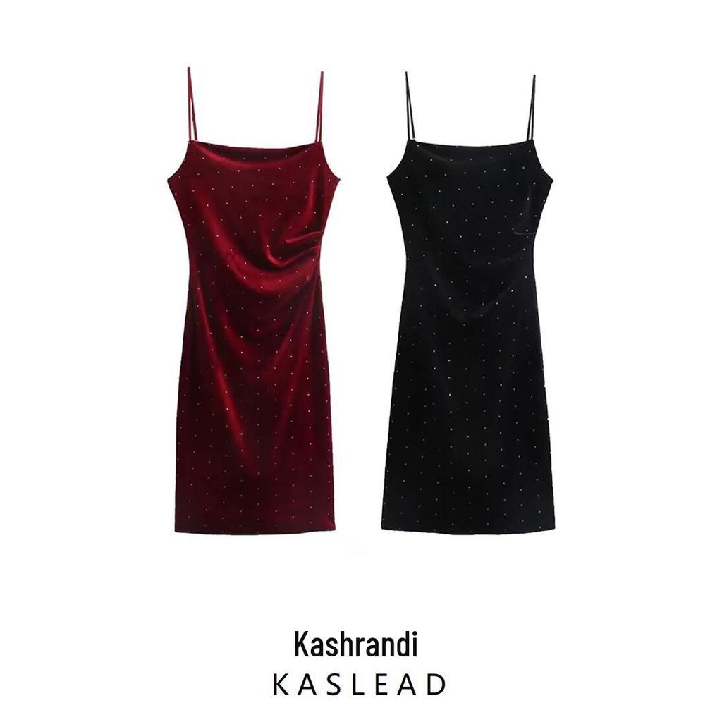 2024 Women's Velvet Pleated Slit Dress - European and American Style Fashion