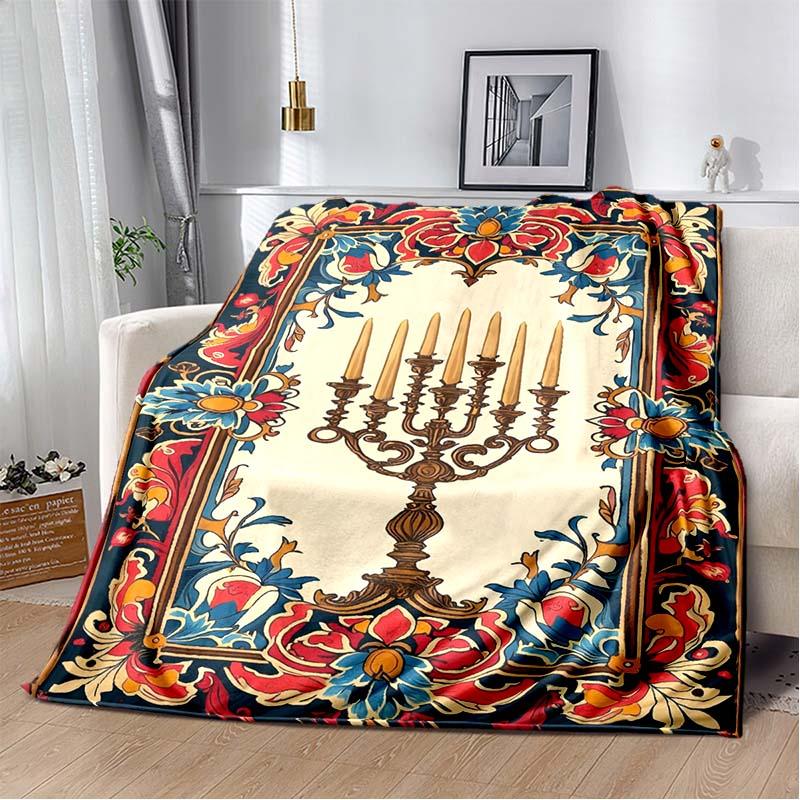 Nine Candles Menorah Embedded Star David Gradient Burgundy Soft Flannel Throw Blanket Jewish Hanukkah Religious Sofa Bed Warm Decor Cover