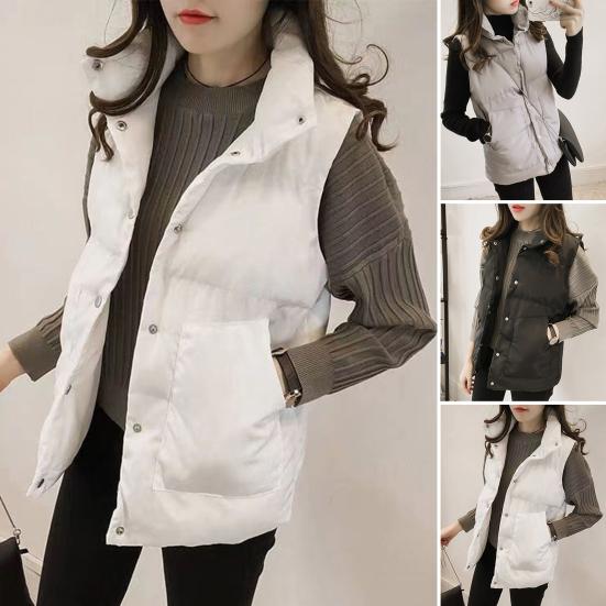 Women Cotton Vest Single-breasted Stand Collar Padded Thicken Solid Color Keep Warm Neck Protection Sleeveless Vest