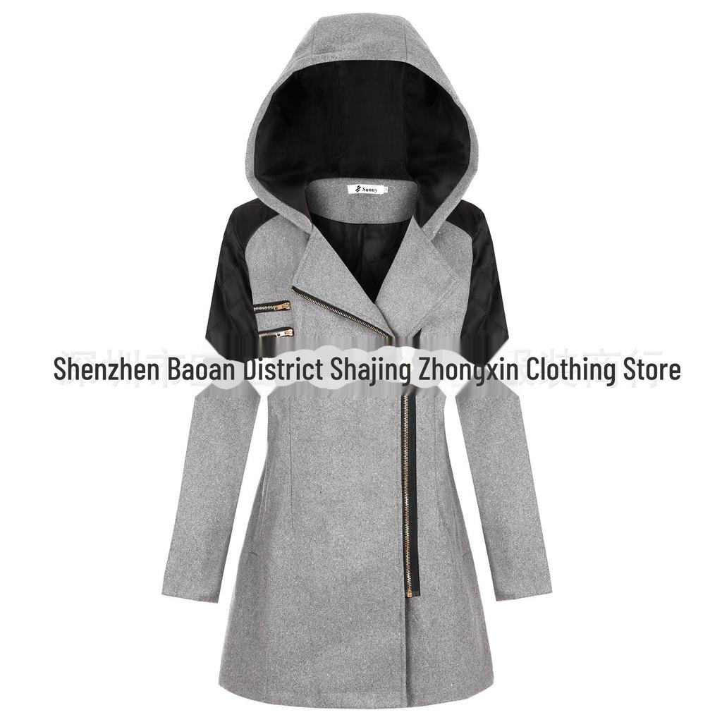 Women's Mid-Length Woolen Hooded Windbreaker with Oblique Zipper - Warm Winter Coat