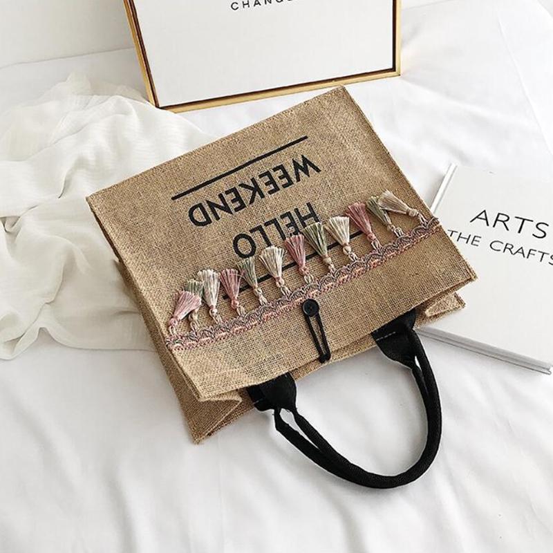 Yogodlns Women's Linen Handbag Large Capacity Tassel Ladies Travel Beach Shopping Casual Shoulder Bag