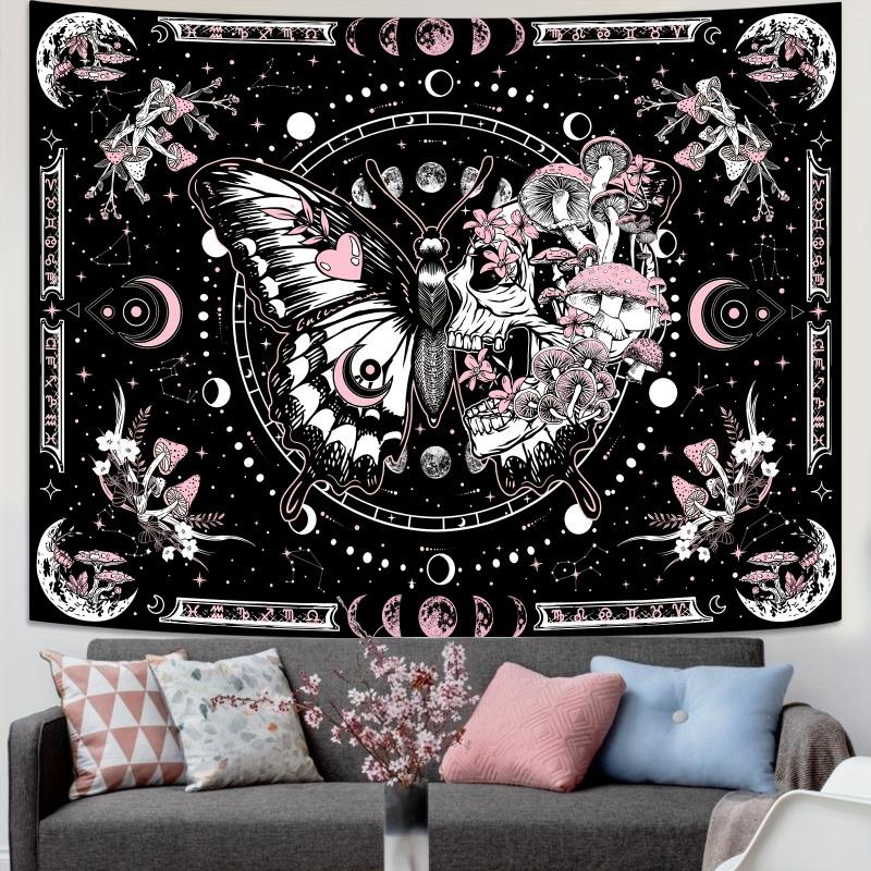 VIKAMA Gothic Butterfly Skull Tapestry Constellation And Mushroom Floral Motif Tapestry Bedroom Wall Decoration