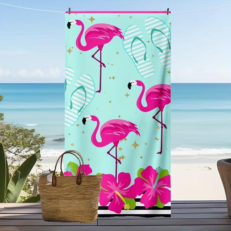 Cute Pink Flamingo Flip Flop Hibiscus Beach Towel Golden Star Print Sand Repellent Towel Tropical Beach Pool Summer Trip Use