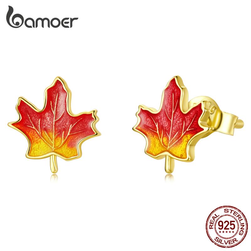 Bamoer 925 Sterling Silver Fun Enamel Bright Maple Leaf Stud Earrings for Women Elegant Fine Jewelry