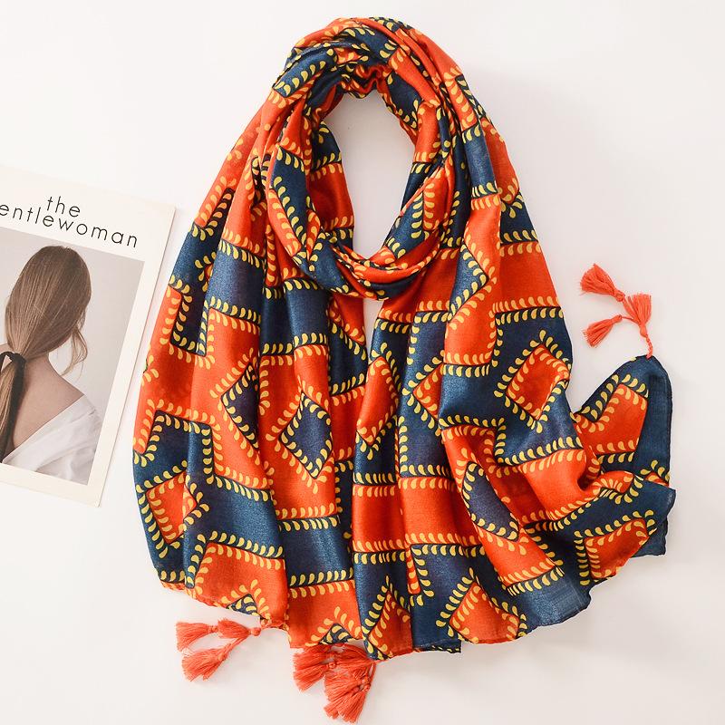 Beige Coffee Scarf Luxury Thin Womens Scarves Spring Floral Hijab Veils Soft Cotton Shawl Wrap Tassel Viscose Muslim Woman Hijab