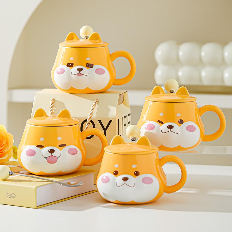 Милая керамическая чашка для воды Супер милая креативная чашка для воды с крышкой Шиба-ину Высокий внешний вид Подарок на день рождения Пара Домашняя офисная чашка