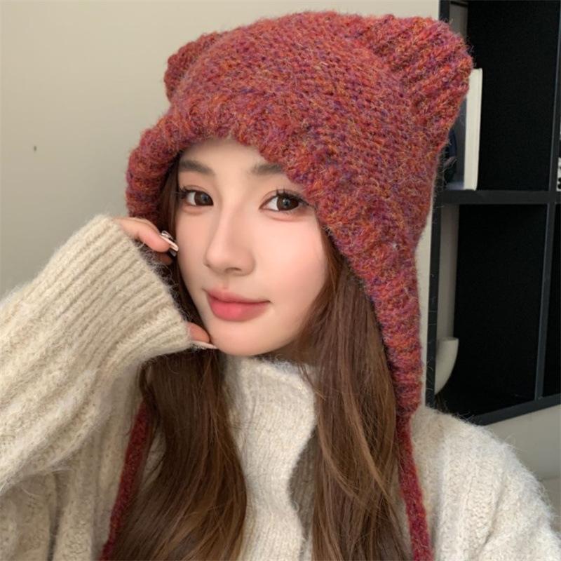 Cute cat ears knitted warm hat ladies ear protector wool hat winter versatile Internet celebrity hat tide