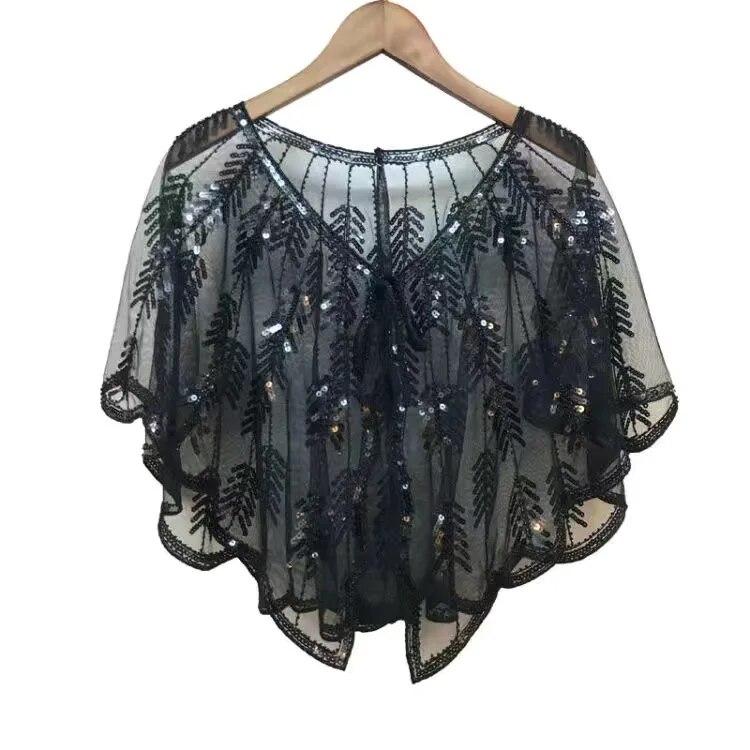 Ретро 1920-х годов, шаль с блестками и бисером, винтажная вечерняя накидка из прозрачной сетки с вышивкой в ​​виде листьев, женское болеро, аксессуары для вечеринок