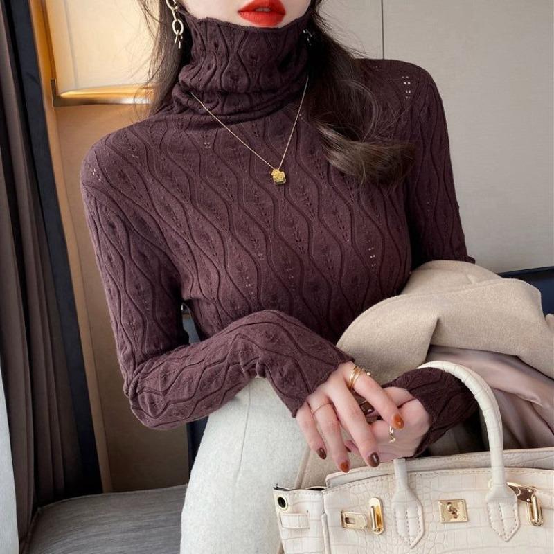 New Turtleneck Long Sleeved Fashion Pullover Sweater Pile Collar Women Basic Shirt Autumn Winter Inner Hollow Out Knitted Sweaters Slim Fit Thin Top