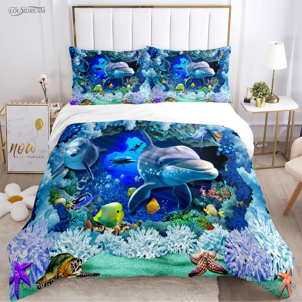 3D Ocean World Dolphin Whale Fish Duvet Cover Comforter Beding Set Soft Quilt Cover and Pillowcase for Single/Double/Queen/King