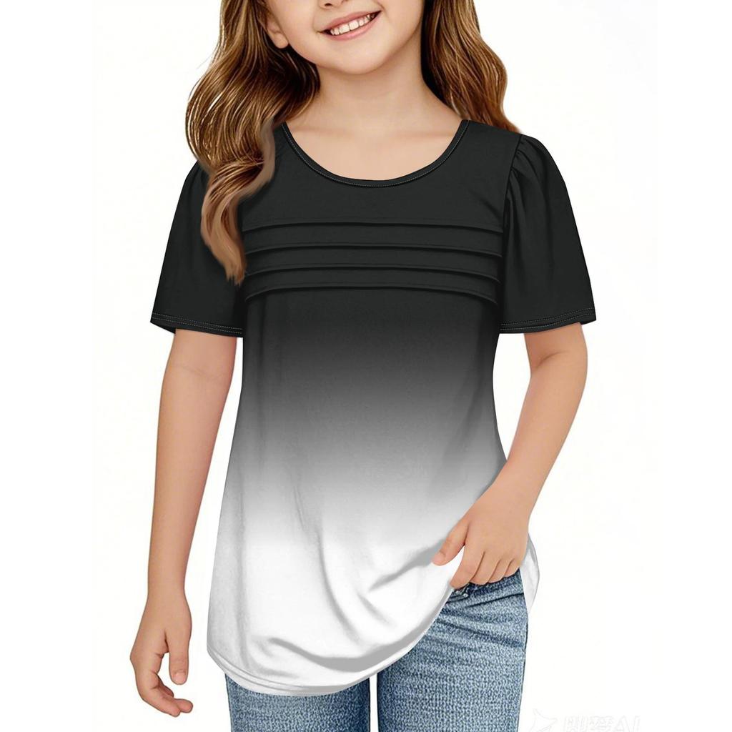 Children Fold T-shirts Short-sleeved Summer Round Collar Gradient Leisure Coat T-shirt