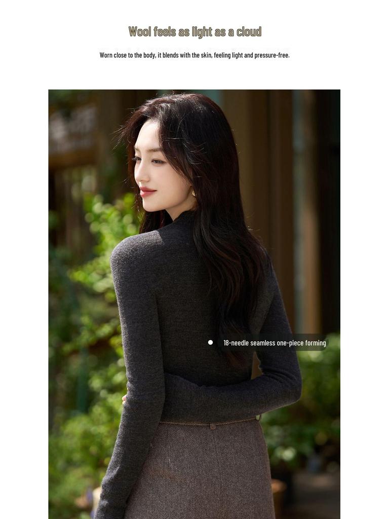Autumn Women's Half High Neck Knitted Wool Sweater - Slim Fit, Long Sleeve, Plus Size, Elegant Top