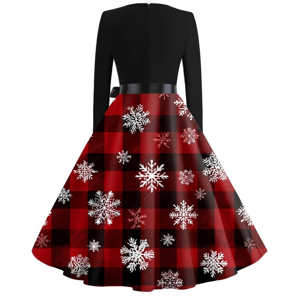 Christmas Print Flare Dress For Women Long Sleeve Dress Hollow Party Casual Square Collar Dresses