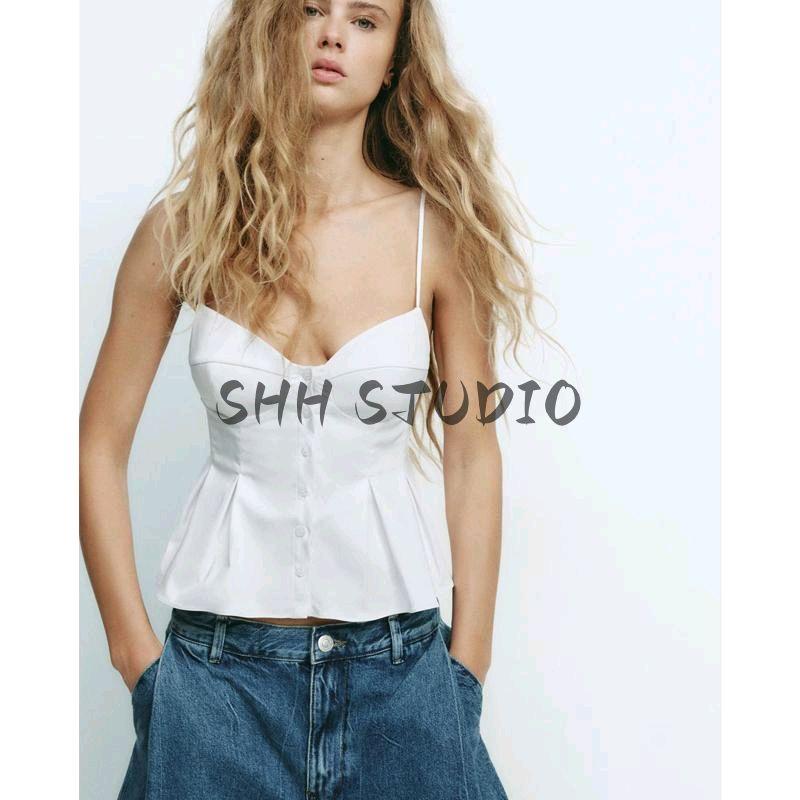 Spring New Women's Clothing French Style Design Multi-Color Selection Small Pleated Poplin Camisole Short Top 2178083