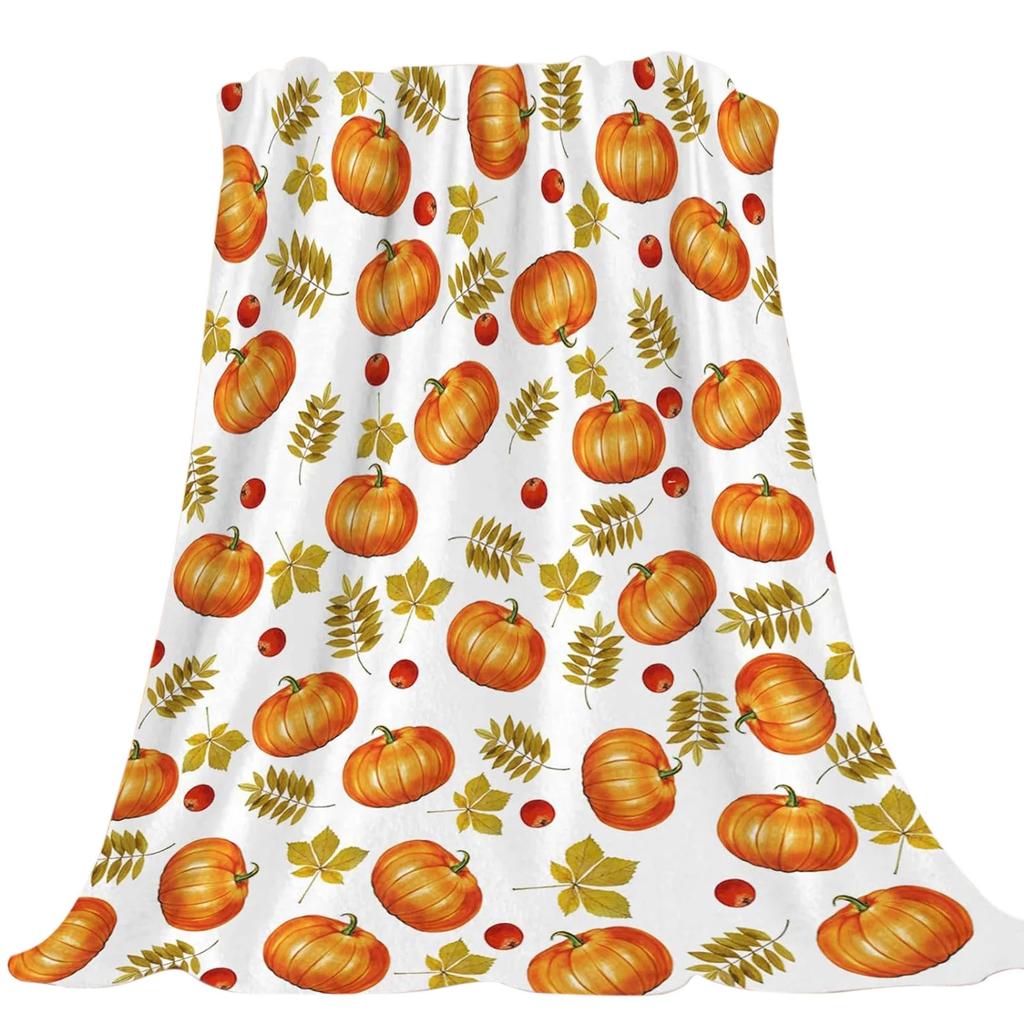 Fall Throw Blanket, Flannel Fleece Pumpkin & Maple Leaf Pattern Plush Shawl Blanket, Soft Lightweight Skin Friendly Decorative Throw Blanket