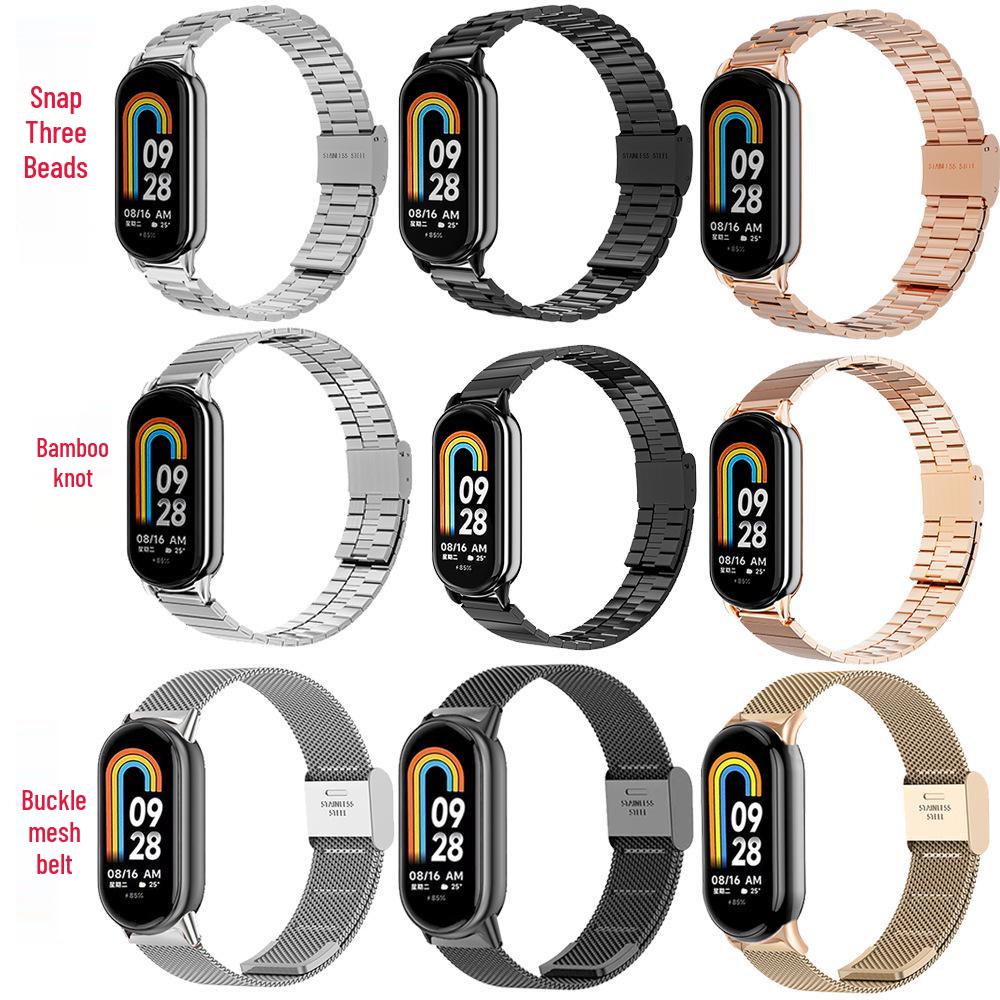 Stainless Steel Strap for Xiaomi Band 8/9/10 NFC - Metal Bamboo Three-Bead Buckle