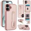 For iPhone 16 Case Kickstand Card Slots Leather Coated TPU Cover with Shoulder Strap - Beige