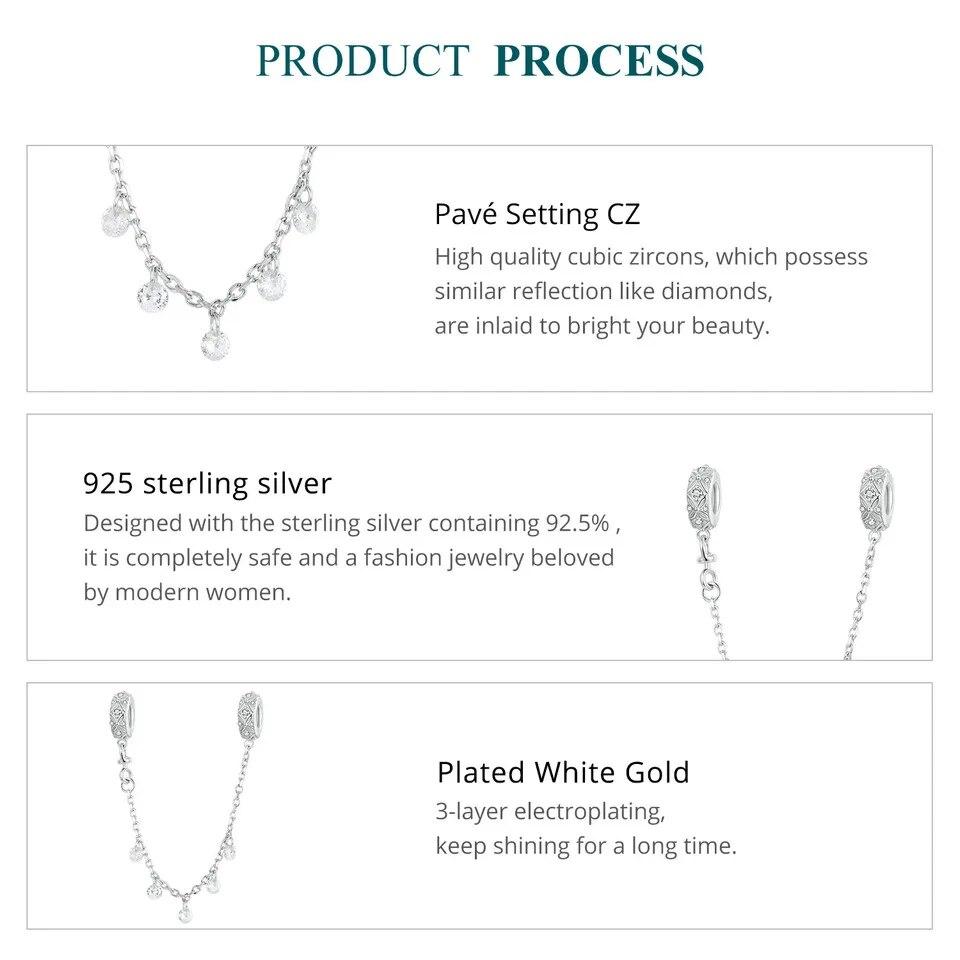 BAMOER Dainty Стерлинговое Серебро 925 пробы Тисненый Силиконовый Шарм CZ Защитная Цепочка для Женщин подходит Оригинальный Браслет Изящных Ювелирных Изделий