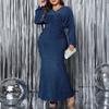 Plus Size Women Evening Dress V-Neck Long Sleeve High Waist Tight Long Dress Solid Color Shiny Fishtail Dress