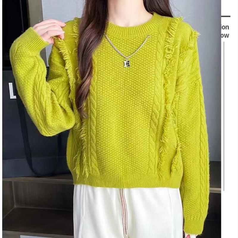 Осень и зима 23 новый женский вязаный свитер с круглым вырезом модный дизайн чувство бахрома короткий длинный рукав свободный свитер женщины