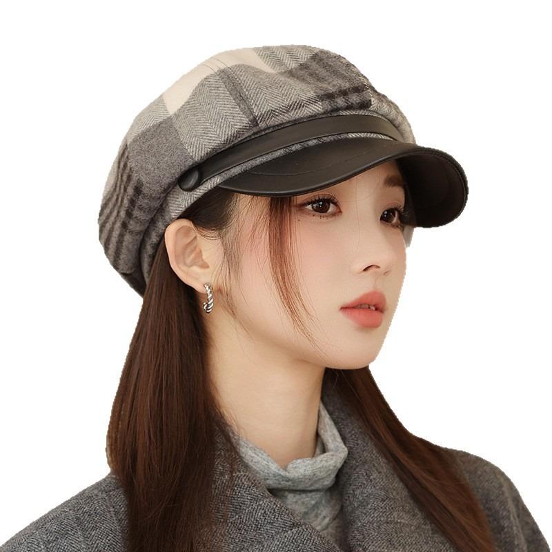 Autumn Hat Women's Leather Plaid Beret Versatile Face Cap Warm Octagonal Hat