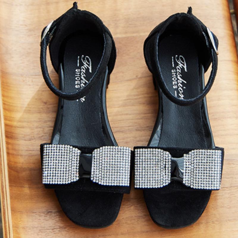 2024 Новые детские сандалии для девочек, симпатичные, со стразами, с открытым носком, дышащие, элегантные, детские, модные, милые, с застежкой-липучкой, на низком каблуке