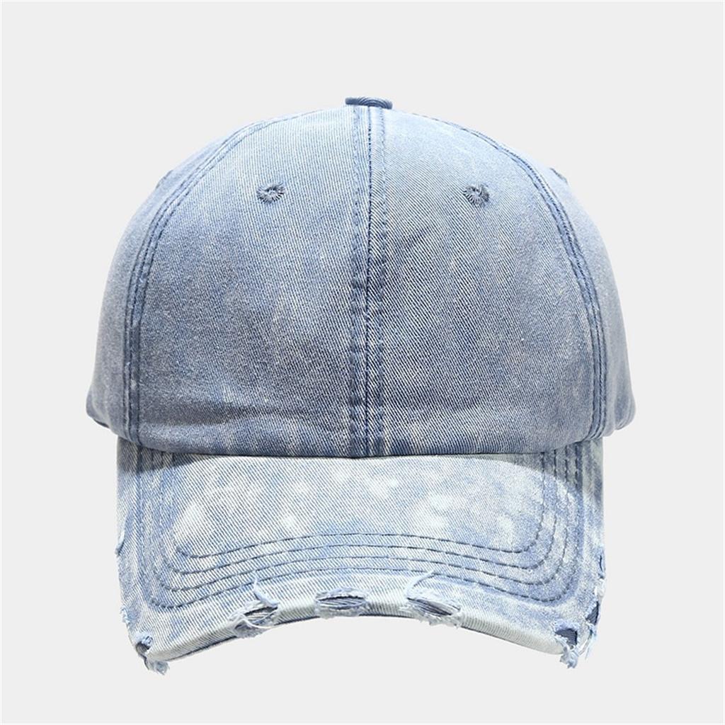 Washed and Distressed Denim Baseball Cap with Holes and Frayed Edges