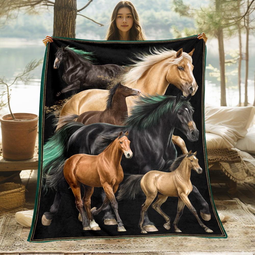 Pattern of galloping horses Flannel printed blanket suitable for all seasons suitable for living room office sofa and travel