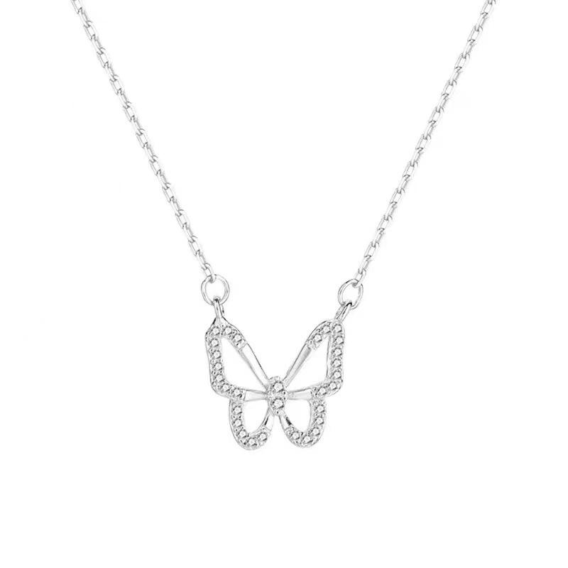 925 Silver Hollow Butterfly Pendant Necklace with Diamond - Like Crystal , Simple Style for Daily Wear