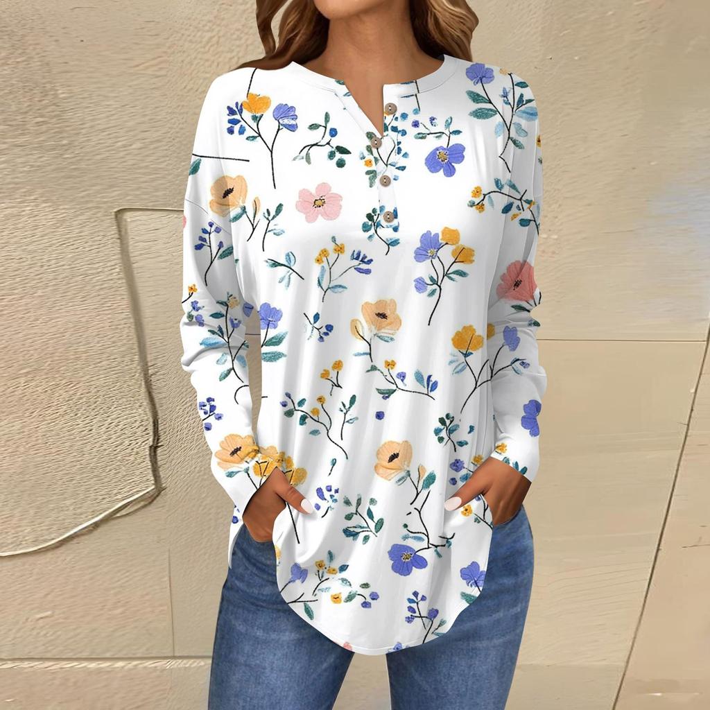 Модная свободная футболка с длинным рукавом и цветочным принтом на пуговицах, топ-пуловер