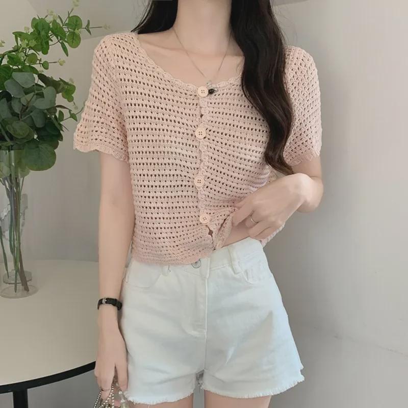 Женский ажурный трикотажный кардиган - короткий рукав, сетка, топ-шаль, солнцезащитный стиль весна/лето 2023 г.