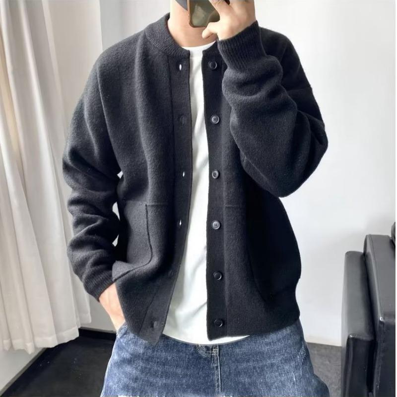 Men's Japanese Wool Cardigan – Spring/Autumn Hong Kong Style, Round Neck, Loose Fit, Thick Knit Sweater Coat.