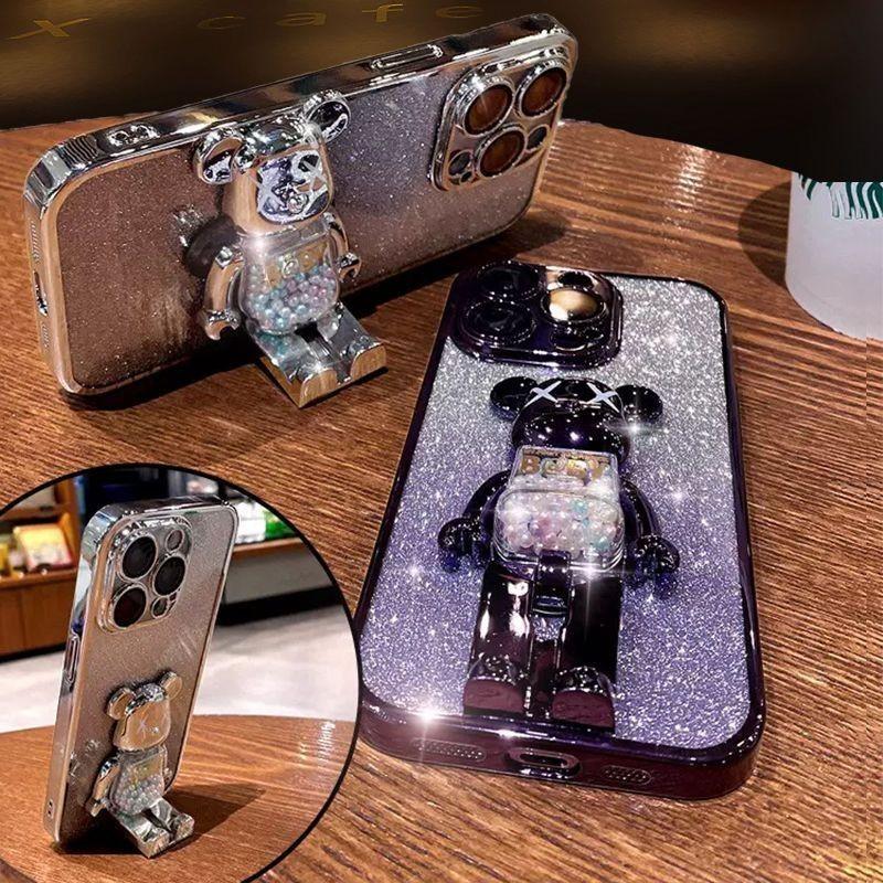 For Galaxy S26 Ultra Plus Case with Cartoon 3D Bear Stand Luxury Slim Gradient Plating Glitter Girls Stylish For Samsung Galaxy S26 + Ultra Back Cover