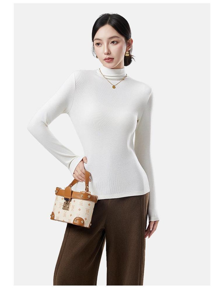 Women's Wool Semi-High Neck Long Sleeve Top - Antibacterial, Slimming, Warm, Versatile for Autumn and Winter