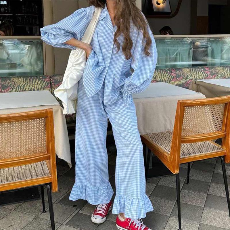 Рубашка с рисунком листьев лотоса, брюки сбоку, комплект из двух предметов, весенняя женская блузка с длинными рукавами и лацканами + свободные брюки с высокой талией, женский наряд