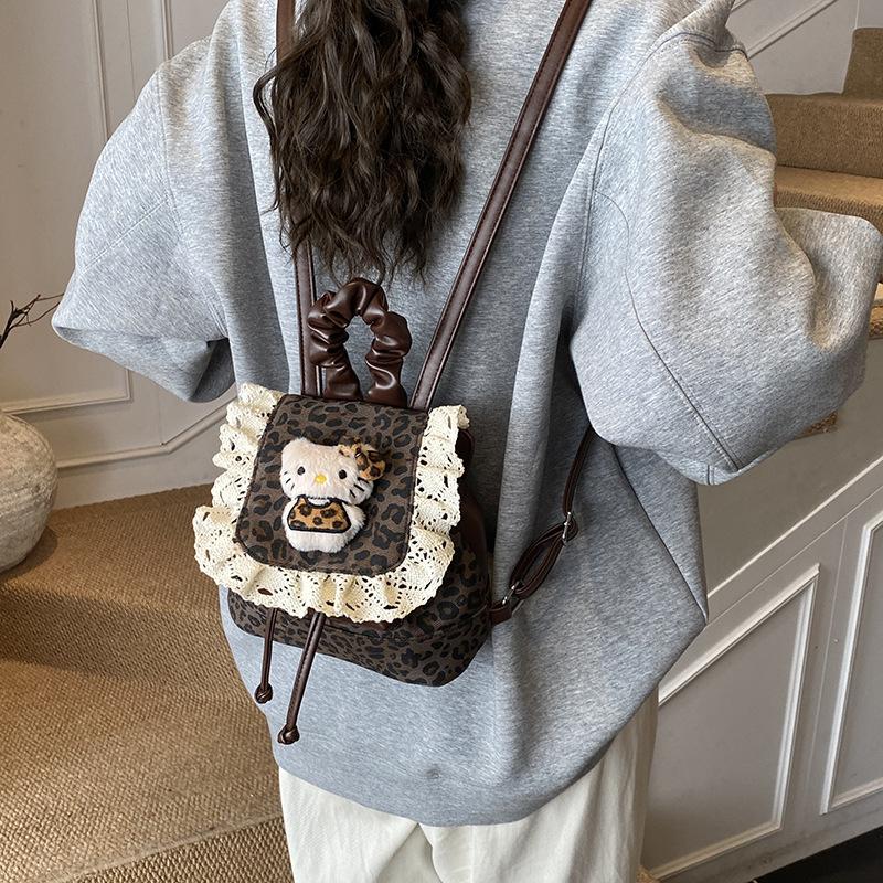 Girls Backpack Retro Leopard Print Boys And Girls Small Schoolbag Sweet Lace Cute Kitten Children'S Backpack
