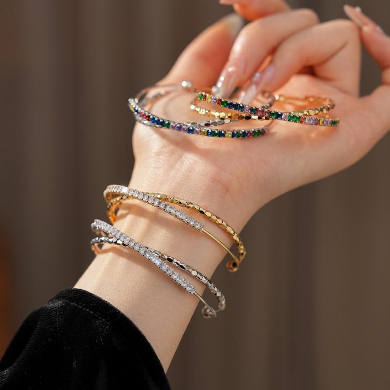 Elegant Gold-Tone Geometric Open Cuff Bracelet With Zirconia Stones Women Luxury Chic Style 2025