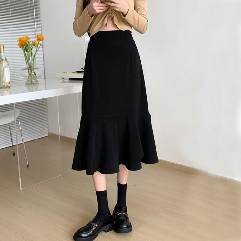 Black Medium Length Fishtail Skirt for Women Plus Size Summer Thin Skirts Y2k Bottoms Fashions Female Korean Style Clothing
