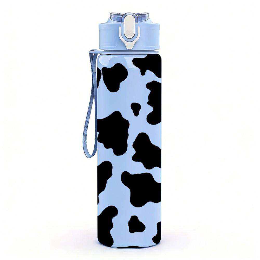 1PC Cow Spot Black White Animal Print 750ml Color Plastic Sports Water Bottle Leakproof Flip Straw Lid Suitable for Sports Office Home Use