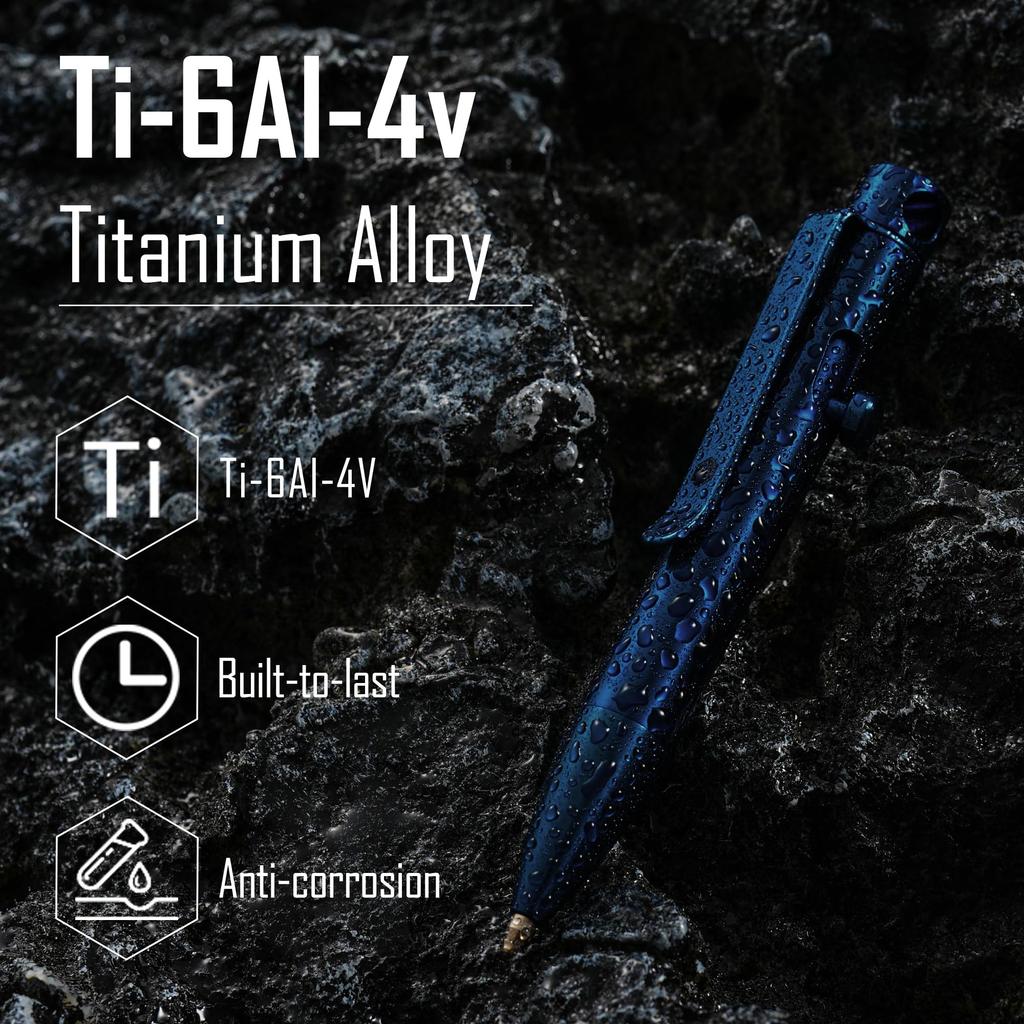 KeyUnity KP04BL Bolt Action Ballpoint Pen with Clip Titanium Alloy EDC Pocket Pen Retractable Metal Ballpoint Pen for Daily Carry