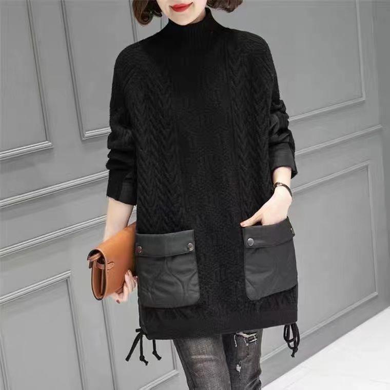 The Knitted False Two-piece Jumper Female Splicing Cotton Half-high Collar Jacket Large Size In The Long Yangqi Light Cotton Clothing