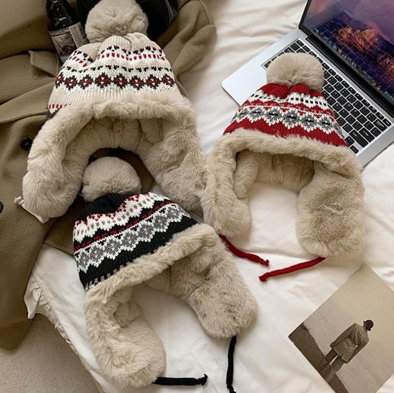 Knitted Fluzzy Russain Hat Trapper Earflap Outdoor Ski Cap Male Female Thick Warm Winter Beanie Hat Fur Pompom Bomber Hat