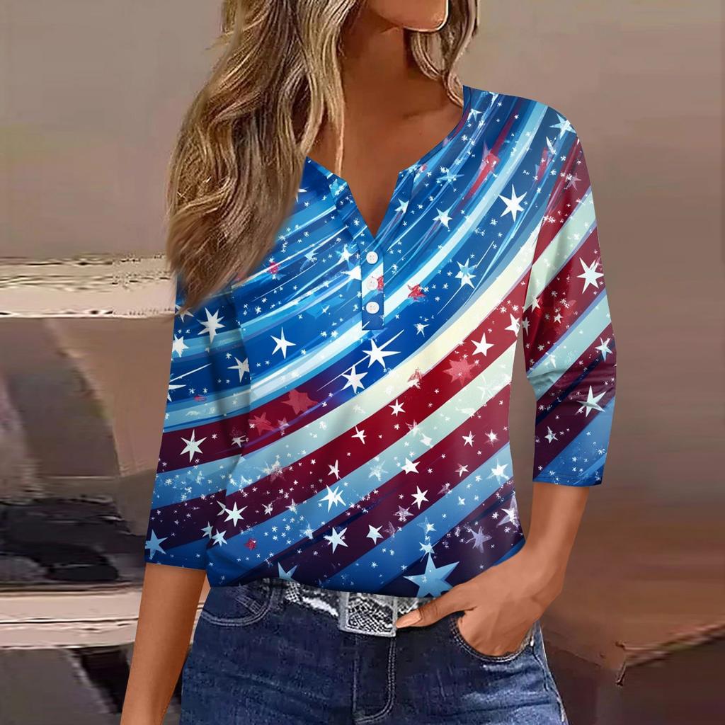 Women's T Shirt Tee Independence Day Printed Button  3/4 Sleeve Tunic Daily Weekend Fashion Basic V- Neck Regular Top