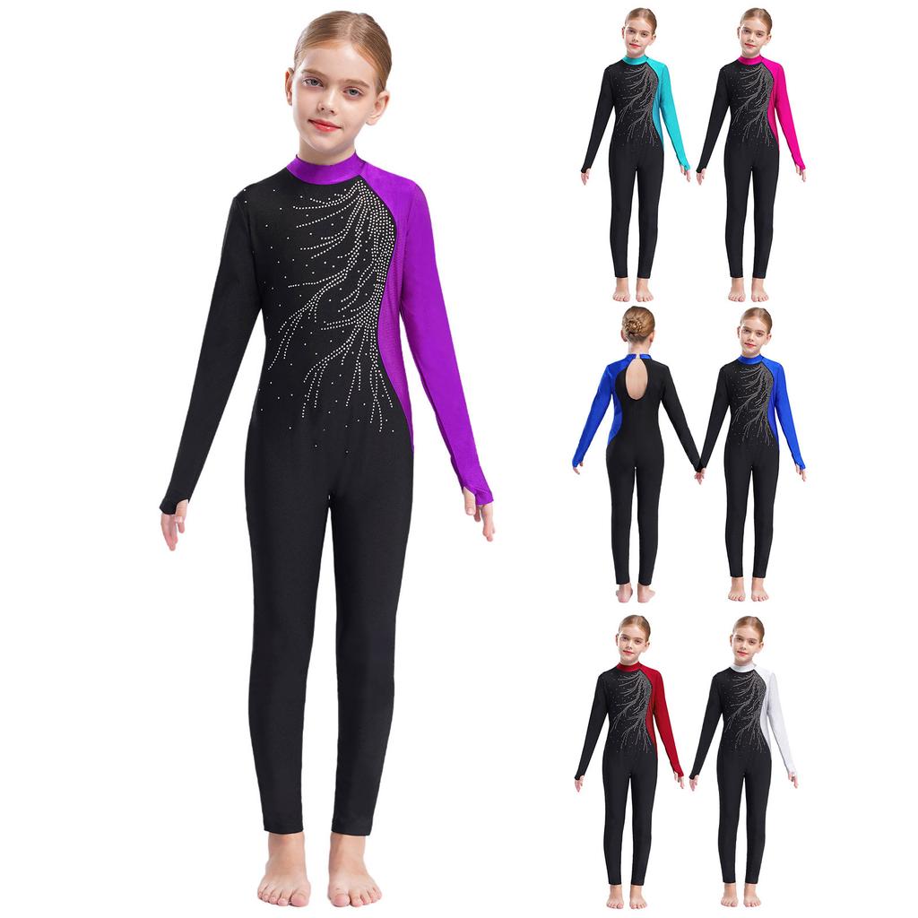 Блестящий комбинезон со стразами для девочек с длинным рукавом и круглым воротником, ажурная спинка, танцевальный наряд в стиле пэчворк