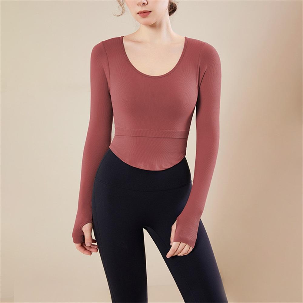 Ribbed Nude Slimming Yoga Suit Long Sleeved Women's Chest Cushion U-neck Outerwear Running Fitness Top
