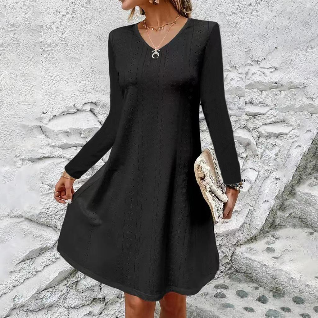 Женское модное повседневное платье с длинными рукавами и V-образным вырезом, однотонное