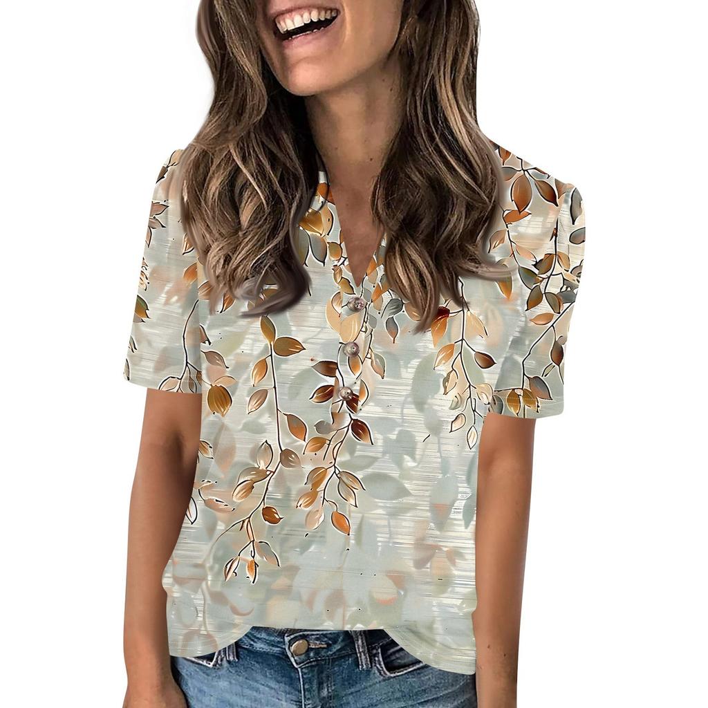 Женский модный повседневный свитер с коротким рукавом и принтом на пуговицах и V-образным вырезом